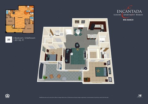Encantada Rita Ranch 2D Bed floor plan 3D rendering, with  2D image on top left hand corner.